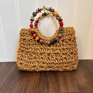 Handcrafted Tan Woven Shoulder Bag with Colorful Beaded Handle